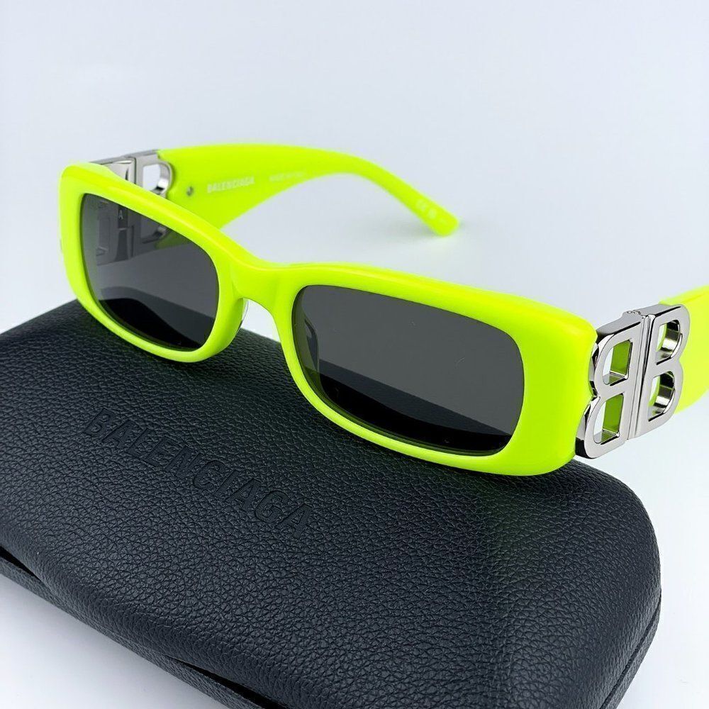 NEW Balenciaga  BB0096S 008 Yellow Silver Logo Grey Square Unisex Sunglasses - Picture 2 of 14
